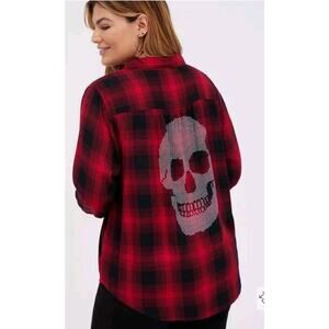 Torrid Womens 1X Red Black Plaid Button Up Skull Shirt Top Punk Edgy Alternative